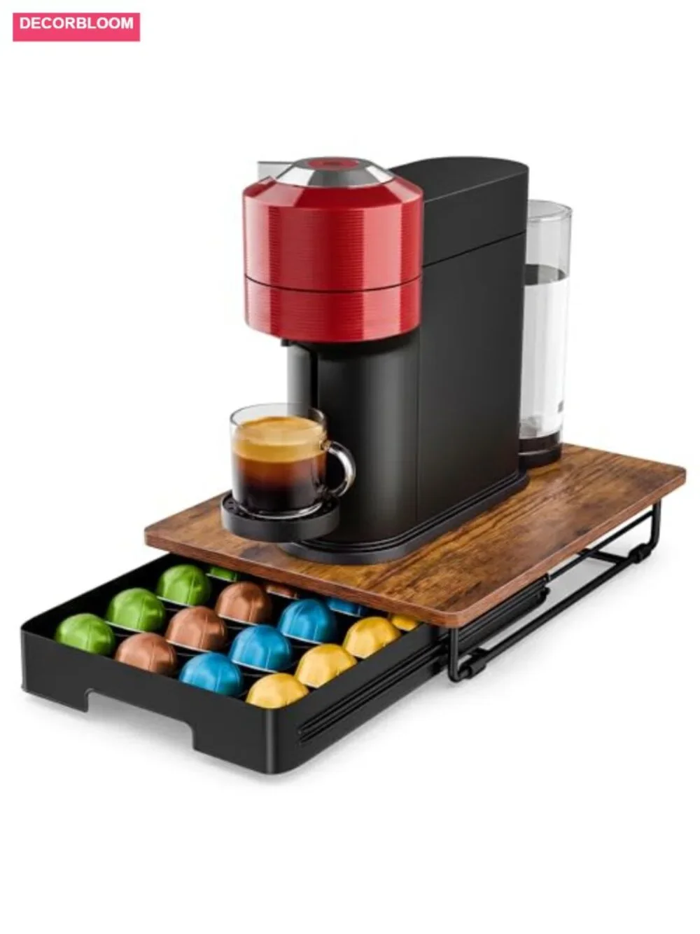 Coffee Pod Drawer 24-Slot Vertuo Organizer Wooden Metal Frame Low Profile